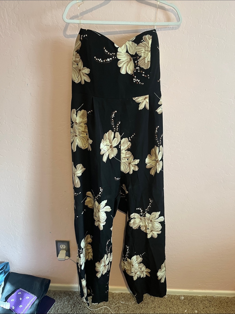 Charlotte Russe Black Strapless Jumpsuit with Cream Floral Print
